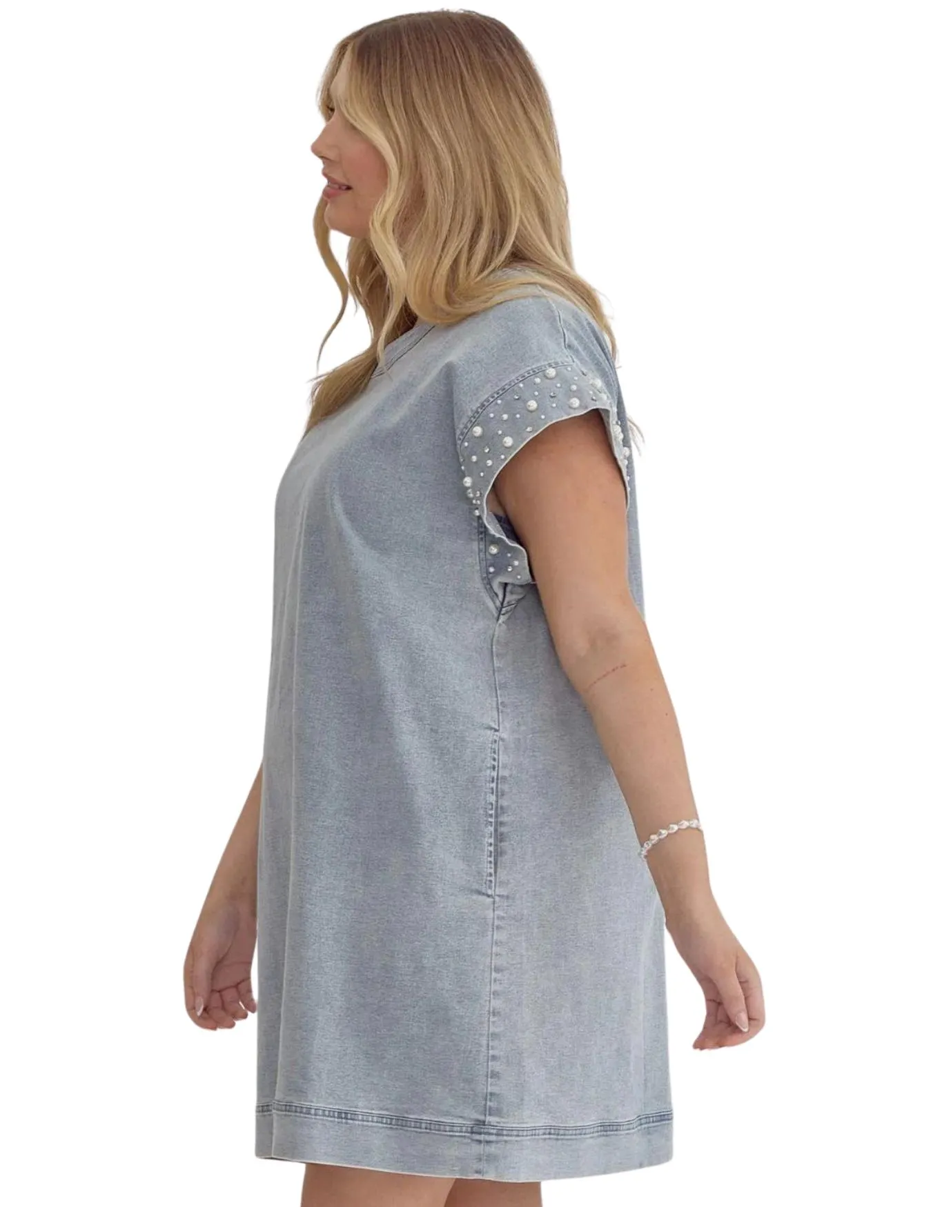 Entro Womens Denim Pearl Cap Sleeve Dress