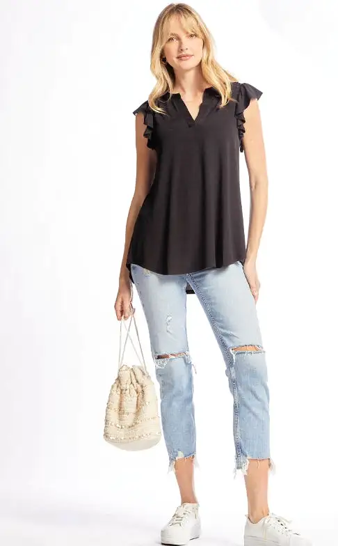 Figure It Out Ruffle Sleeve Top - Black