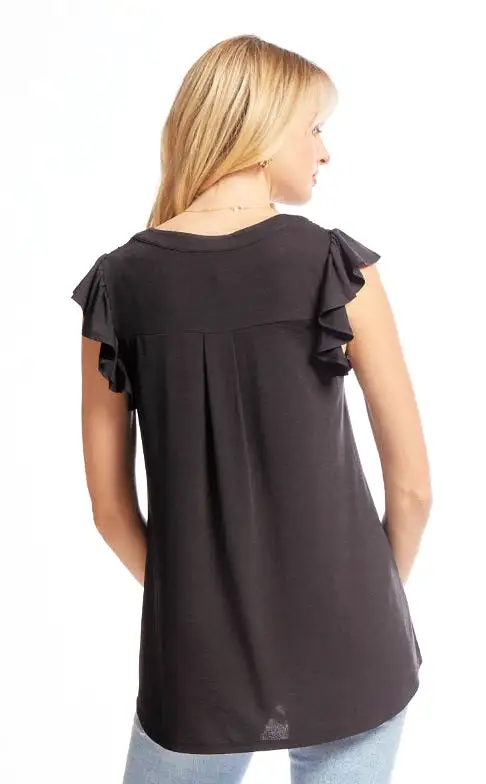 Figure It Out Ruffle Sleeve Top - Black