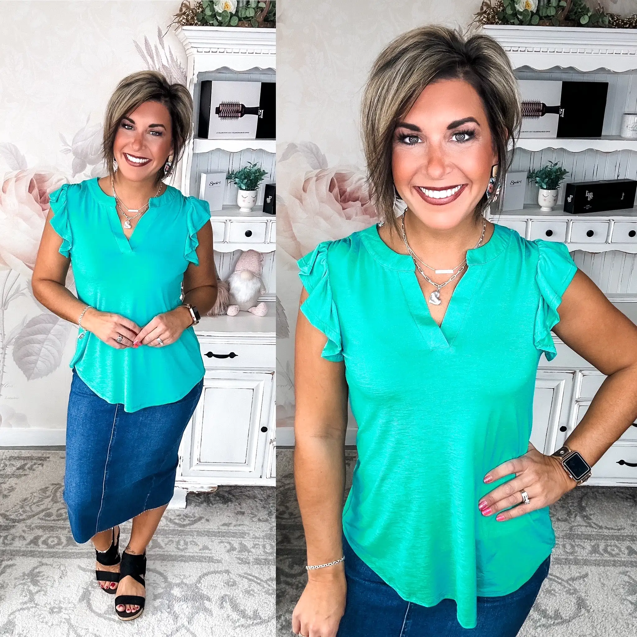 Figure It Out Ruffle Sleeve Top - Emerald