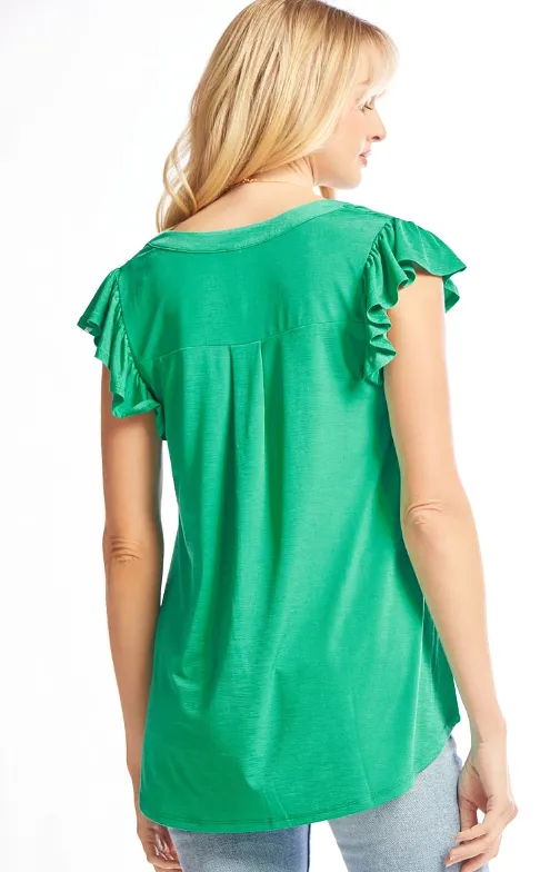 Figure It Out Ruffle Sleeve Top - Emerald