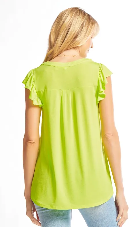 Figure It Out Ruffle Sleeve Top - Neon Green