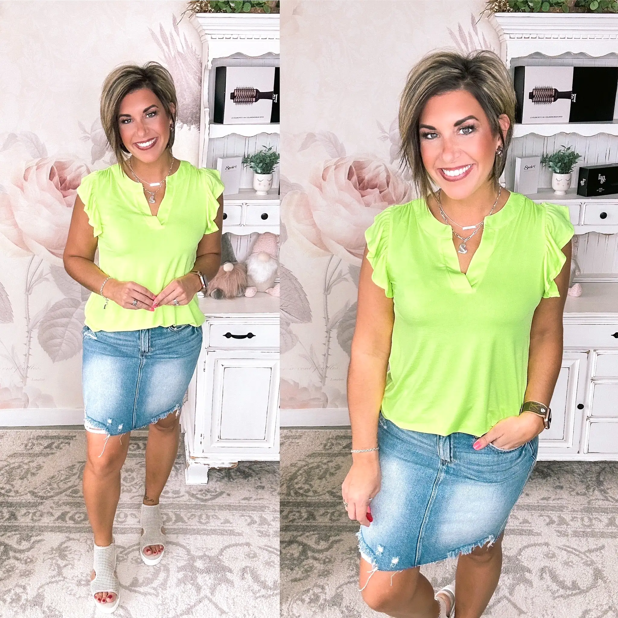 Figure It Out Ruffle Sleeve Top - Neon Green