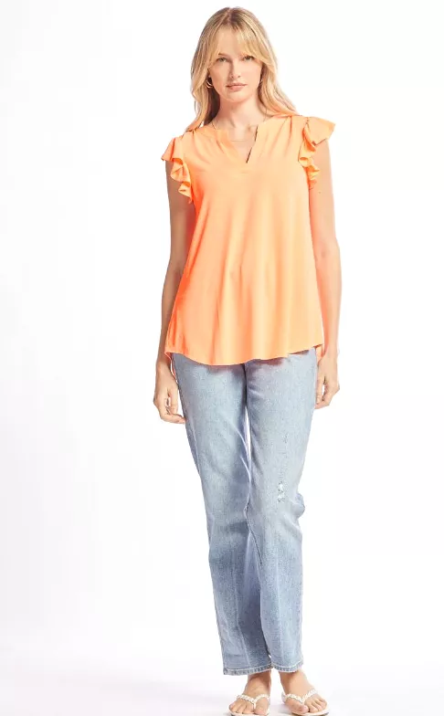 Figure It Out Ruffle Sleeve Top - Neon Orange