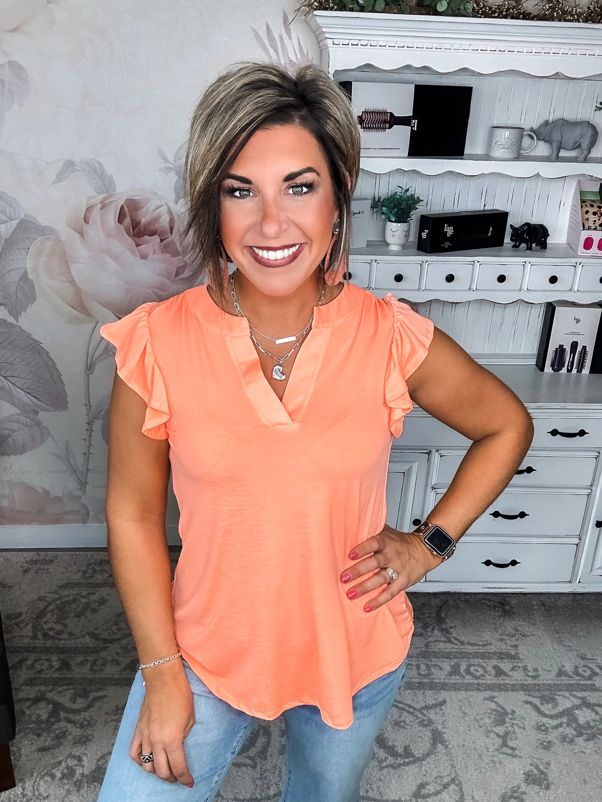 Figure It Out Ruffle Sleeve Top - Neon Orange