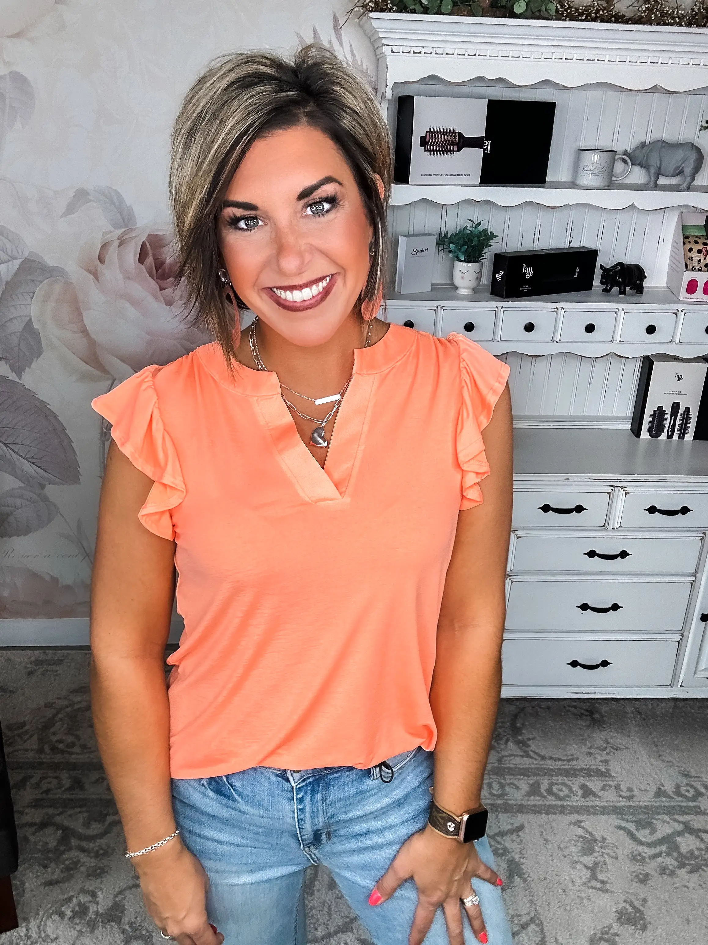 Figure It Out Ruffle Sleeve Top - Neon Orange