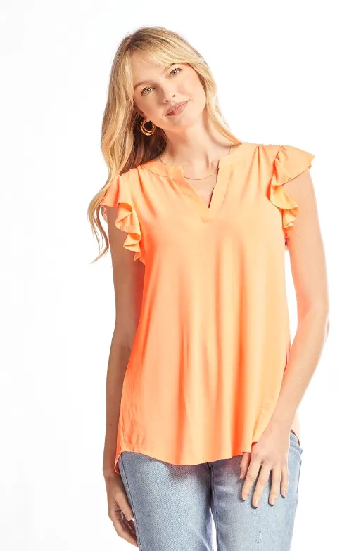 Figure It Out Ruffle Sleeve Top - Neon Orange