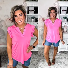 Figure It Out Ruffle Sleeve Top - Neon Pink