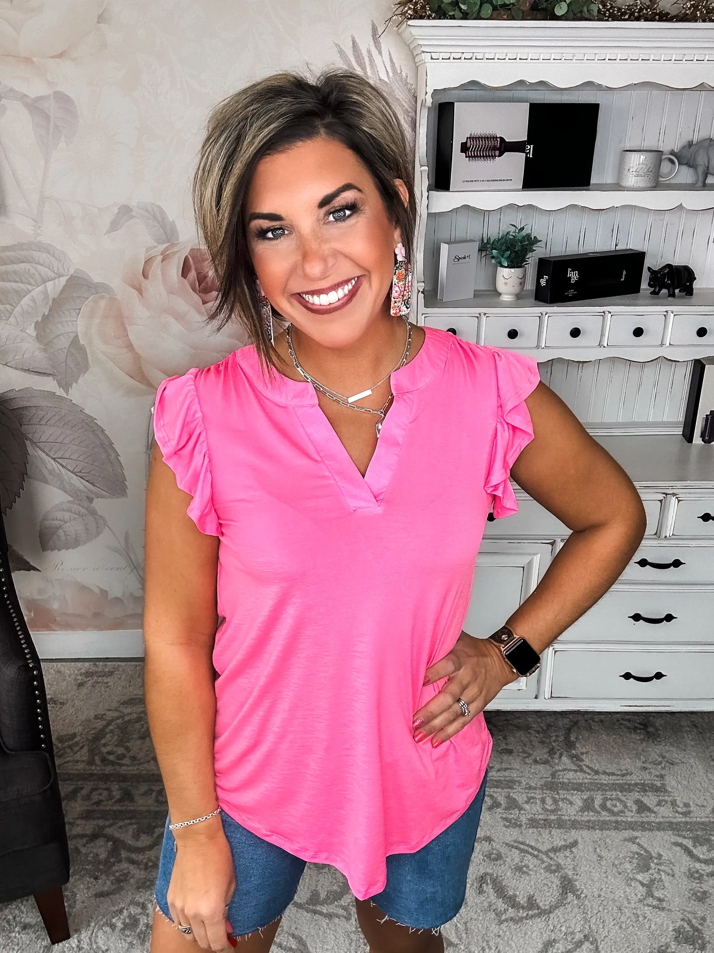 Figure It Out Ruffle Sleeve Top - Neon Pink