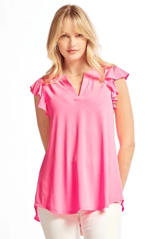 Figure It Out Ruffle Sleeve Top - Neon Pink