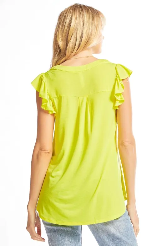 Figure It Out Ruffle Sleeve Top - Neon Yellow