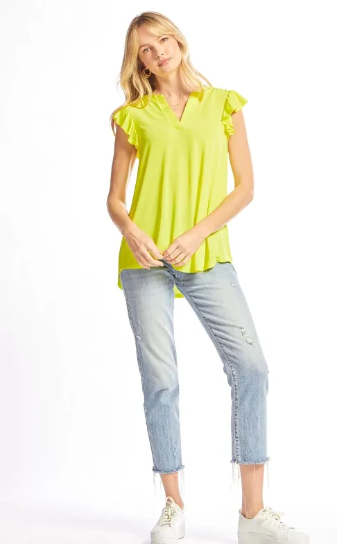 Figure It Out Ruffle Sleeve Top - Neon Yellow