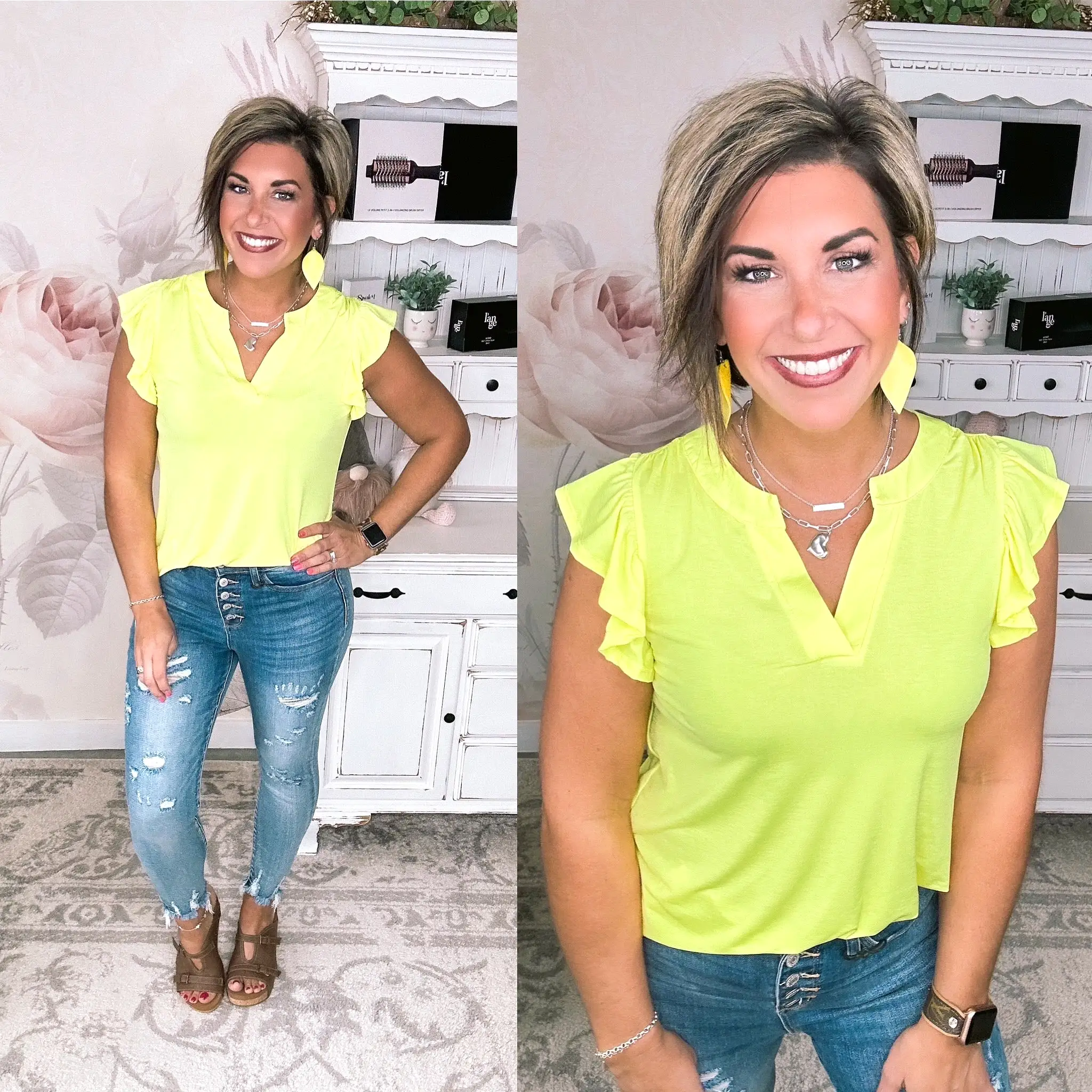 Figure It Out Ruffle Sleeve Top - Neon Yellow