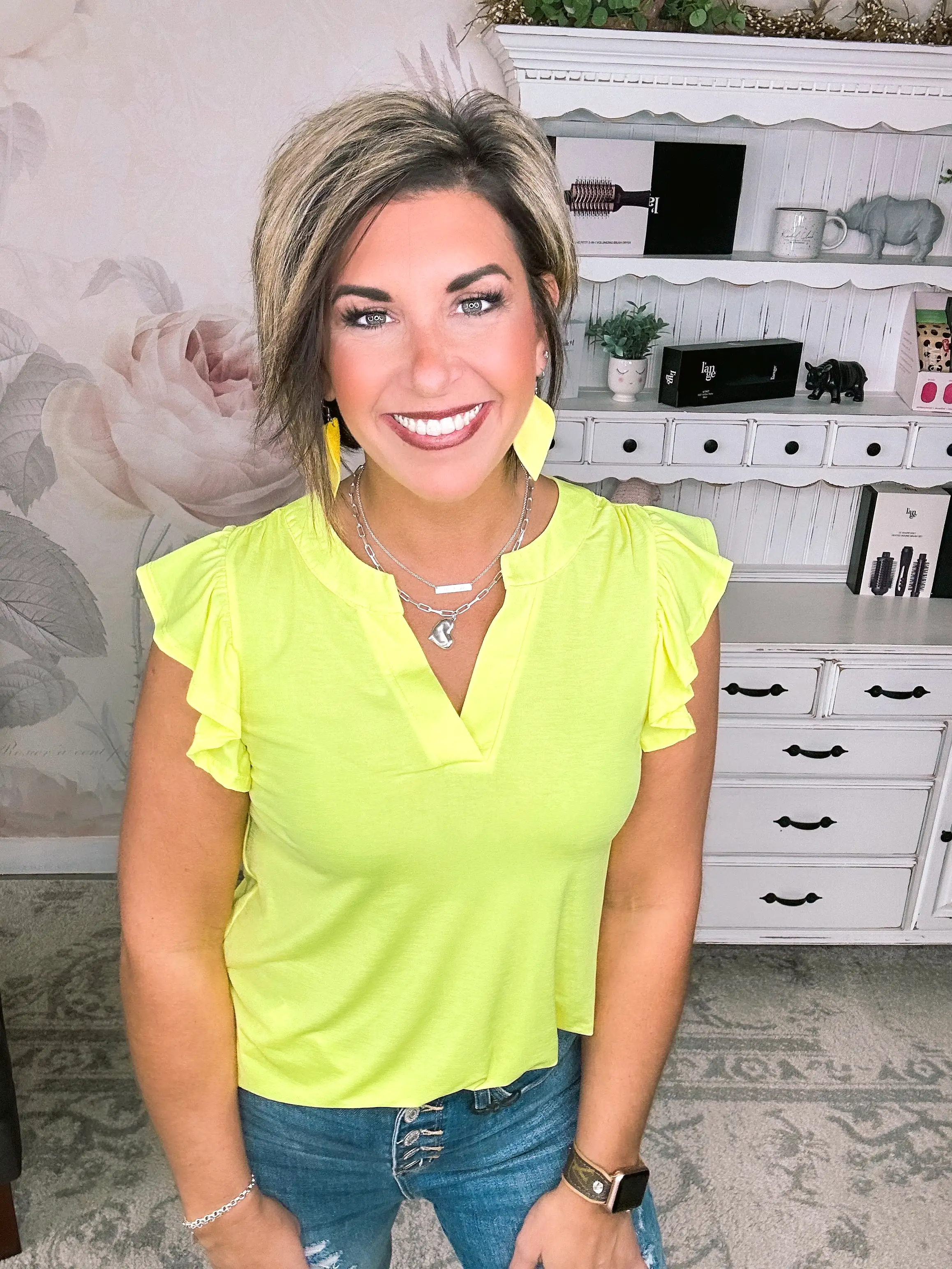 Figure It Out Ruffle Sleeve Top - Neon Yellow