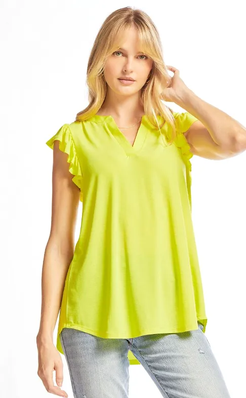 Figure It Out Ruffle Sleeve Top - Neon Yellow