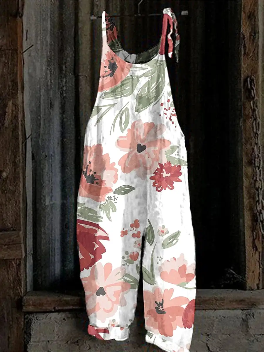 Floral Print Crew Neck Sleeveless Jumpsuit for Women