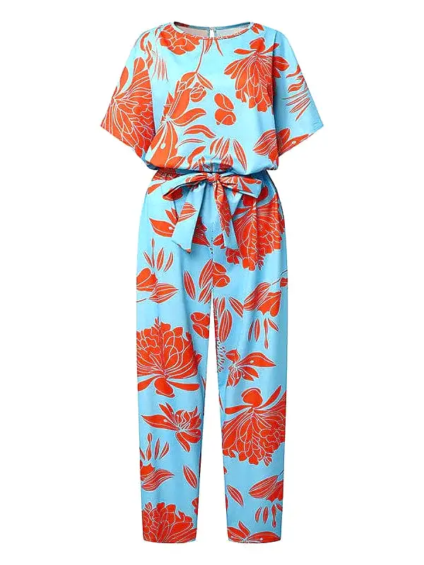 Floral Print Lace Up Jumpsuits for Women - Light Blue