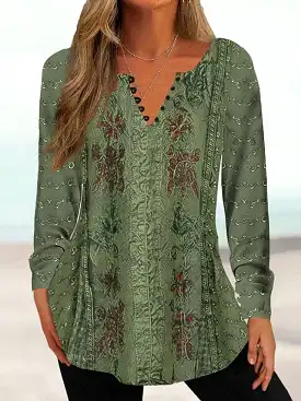 Floral Print Long Sleeve Henley Blouse for Women