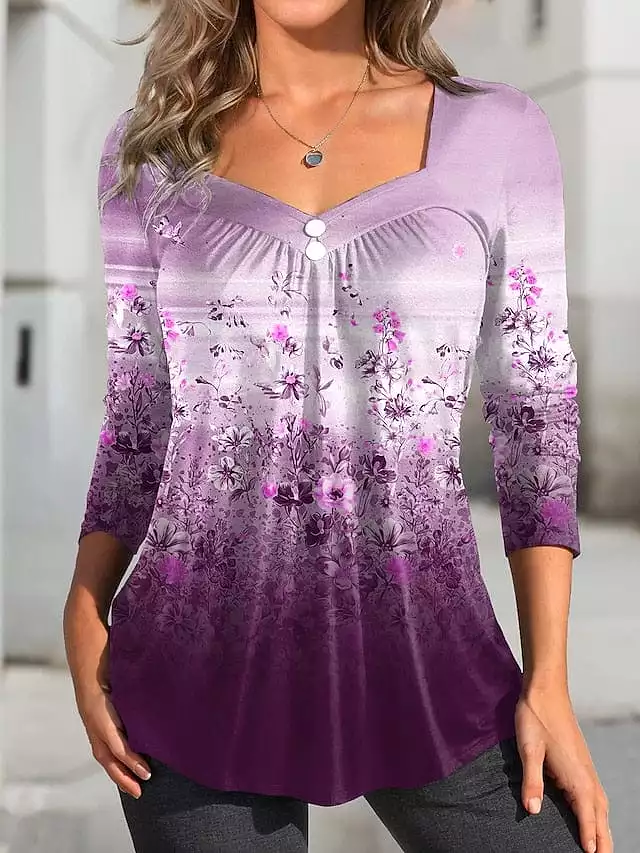 Floral Print Long Sleeve Square Neck Blouse