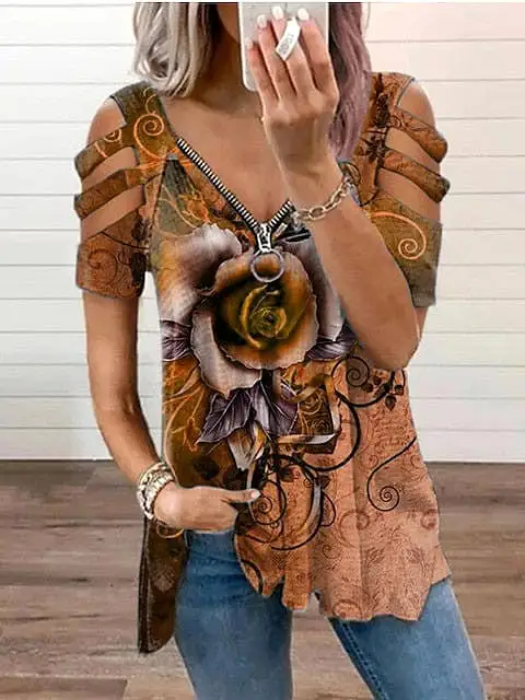 Floral Print Off-Shoulder Short Sleeve Top with V-Neck Zipper