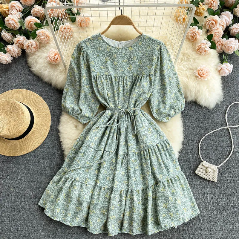 Floral Print Summer Tiered Elegant Chiffon Mini Dress Round Neck Half Puff Sleeve Casual Dress With Belt