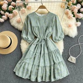 Floral Print Summer Tiered Elegant Chiffon Mini Dress Round Neck Half Puff Sleeve Casual Dress With Belt