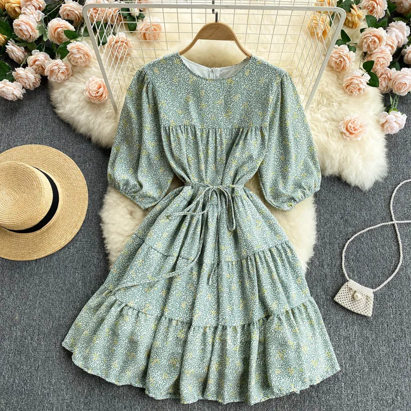 Floral Print Summer Tiered Elegant Chiffon Mini Dress Round Neck Half Puff Sleeve Casual Dress With Belt