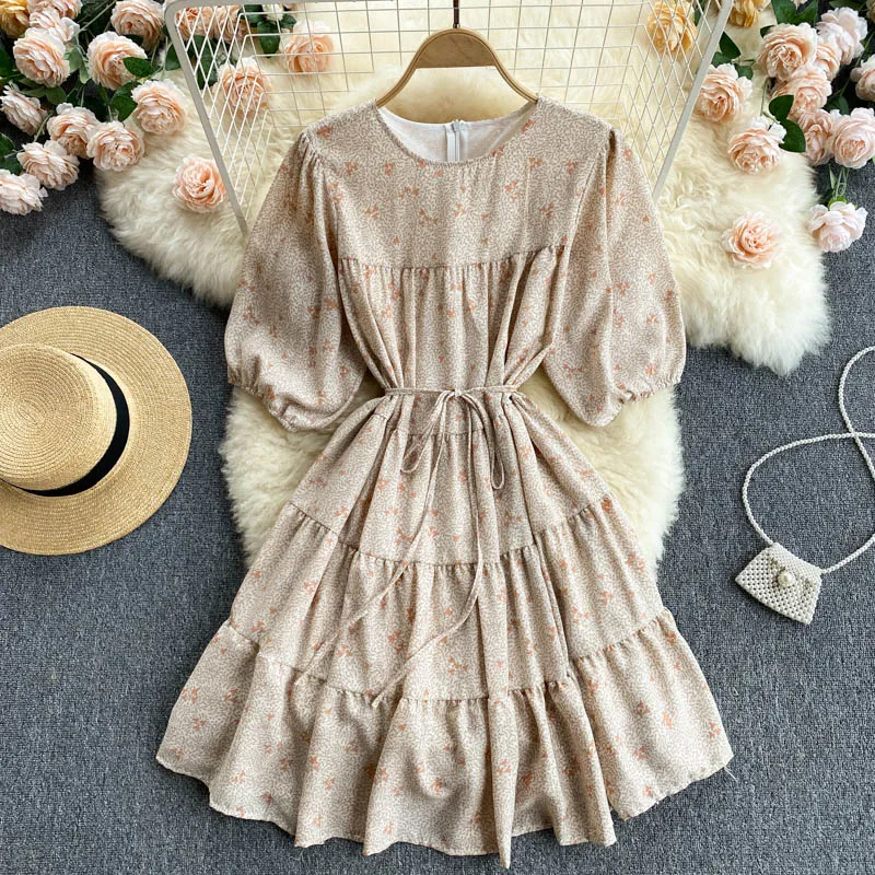 Floral Print Summer Tiered Elegant Chiffon Mini Dress Round Neck Half Puff Sleeve Casual Dress With Belt