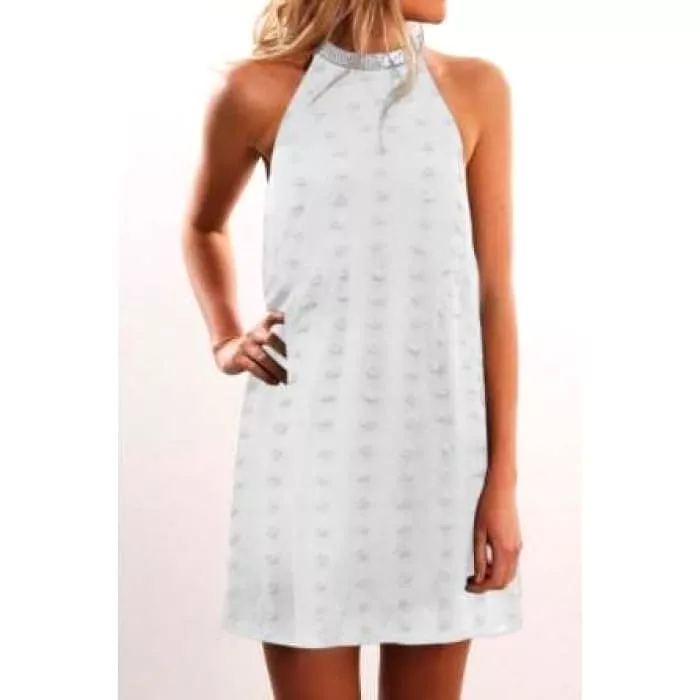 Frayed Dot Halter Dress - White