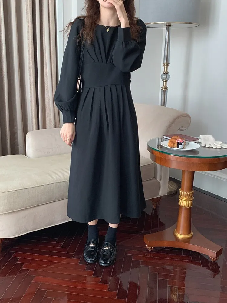 Gathered Elegant Vintage Dress Round Neck Long Sleeve A Line Casual Dress With Belt