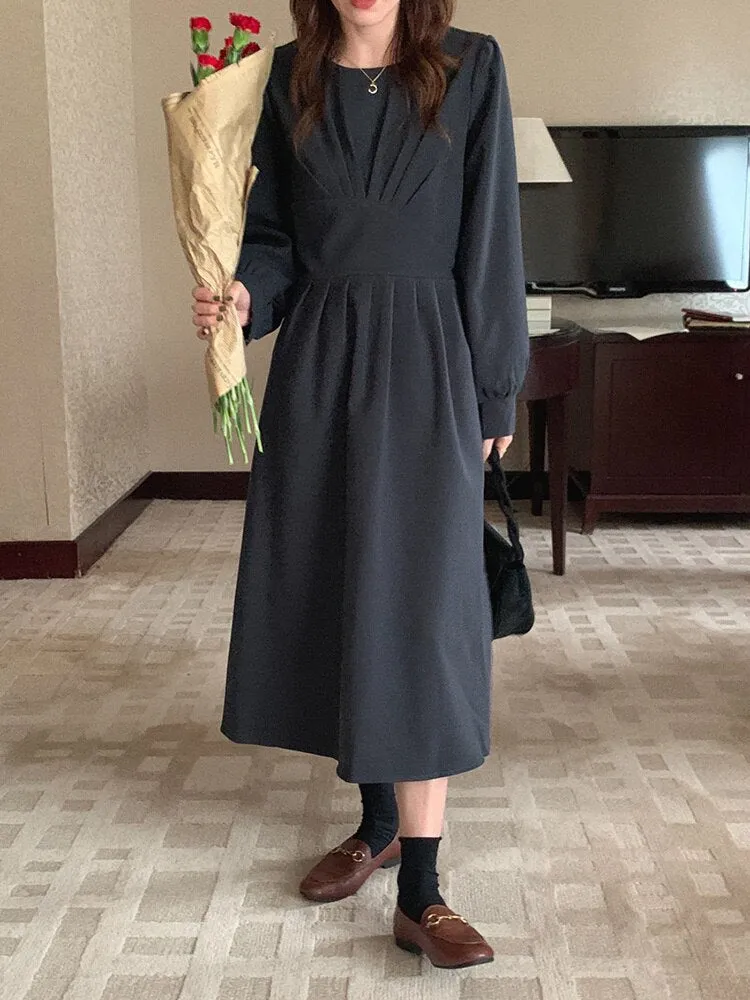 Gathered Elegant Vintage Dress Round Neck Long Sleeve A Line Casual Dress With Belt