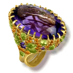 Gold Blossom Ring with Oval Amethyst & Peridot