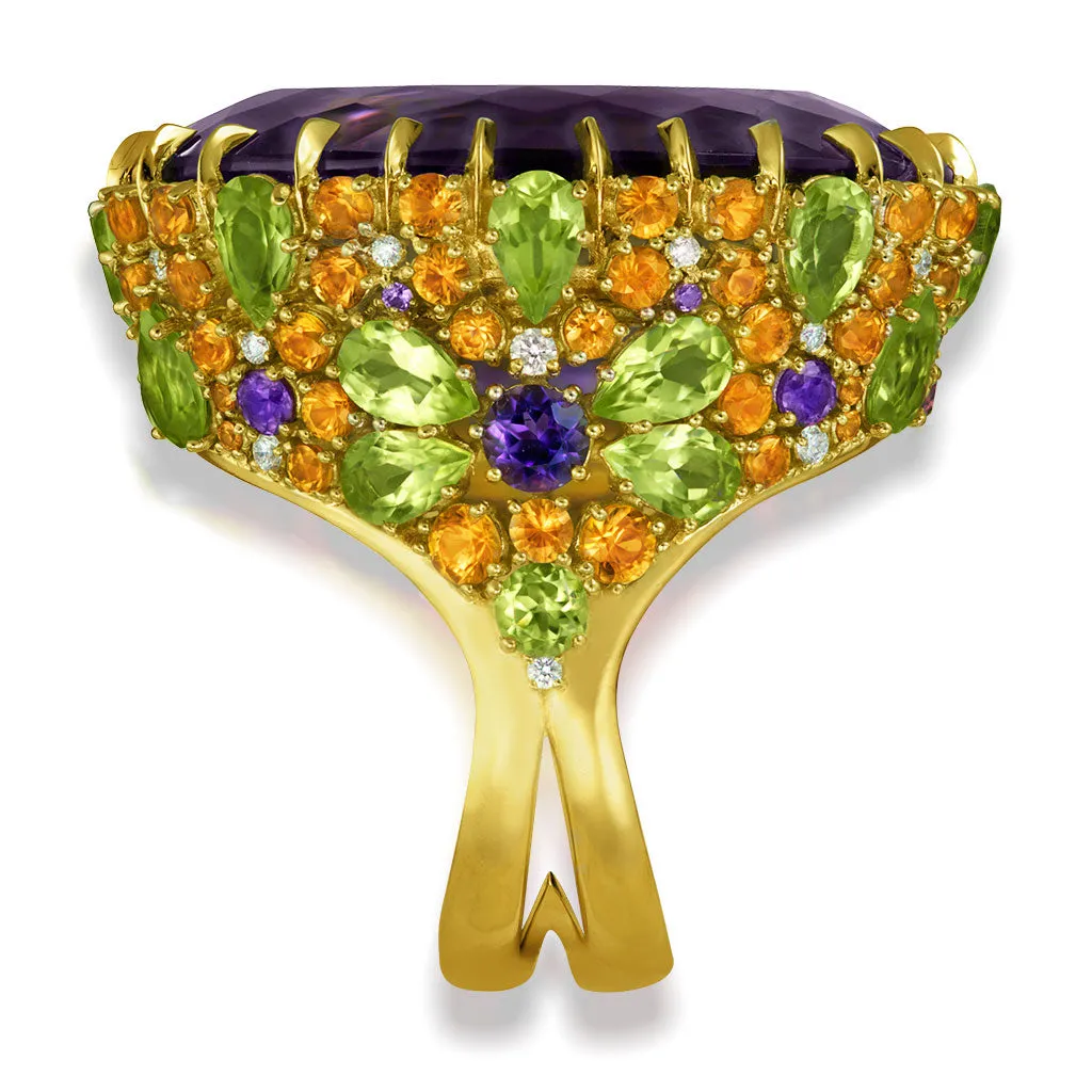 Gold Blossom Ring with Oval Amethyst & Peridot