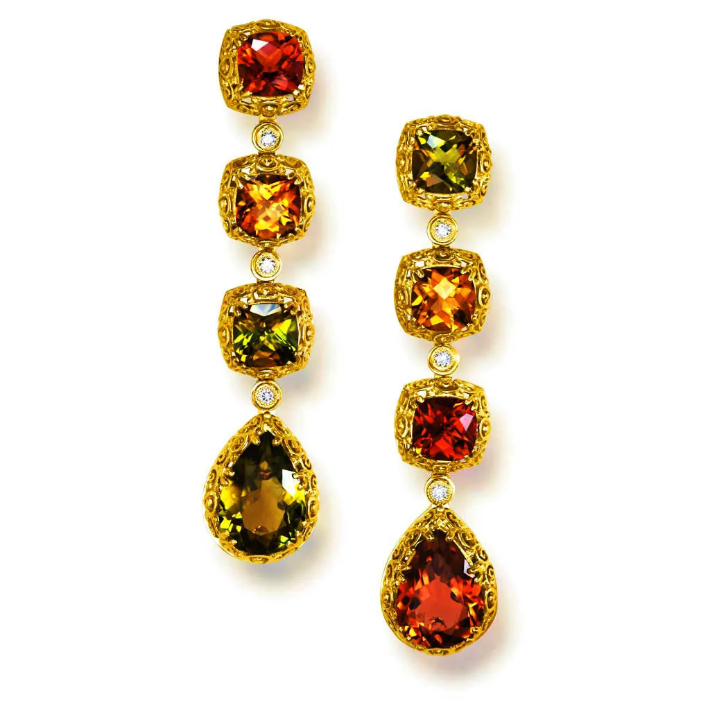 Gold Byzantine Long Drop Earrings with Tourmalines