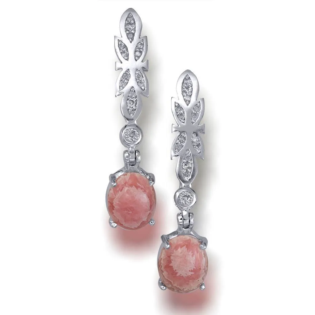 Gold Cocktail Earrings With Rhodochrosite & Diamonds