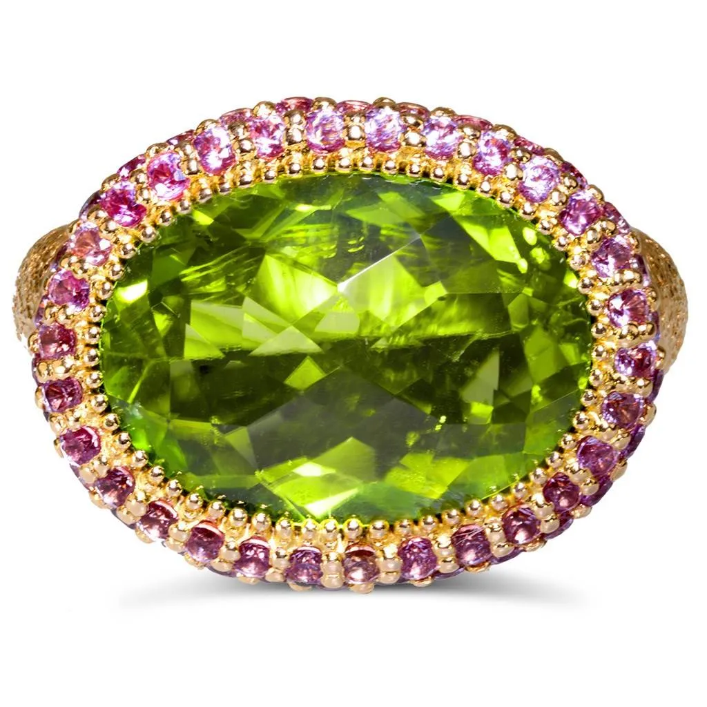 Gold Cocktail Ring with Peridot & Pink Sapphire