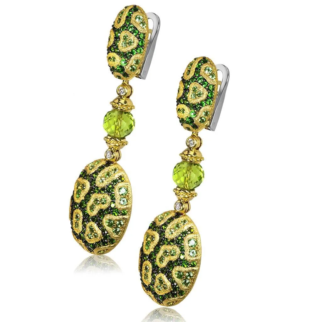 Gold Fine Lace Drop Earrings, Chrome Diopside, Peridot