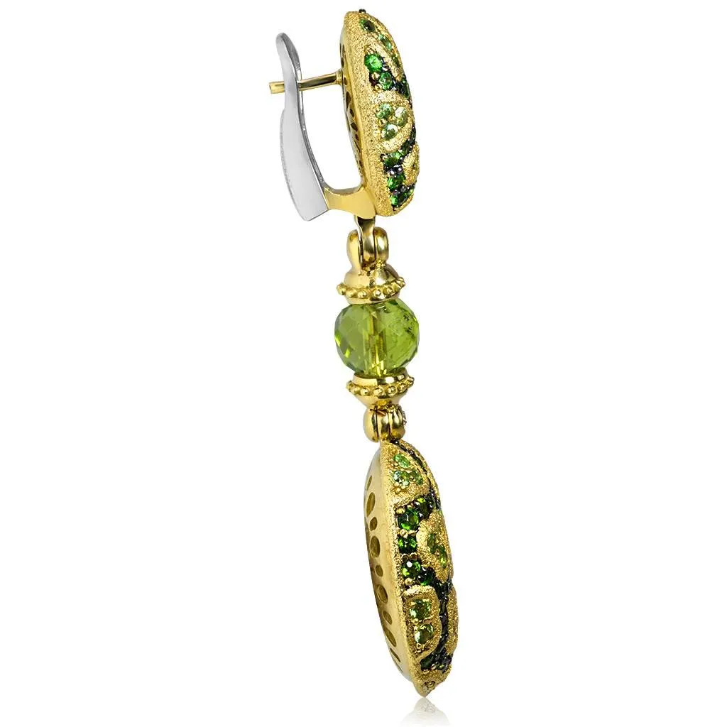 Gold Fine Lace Drop Earrings, Chrome Diopside, Peridot