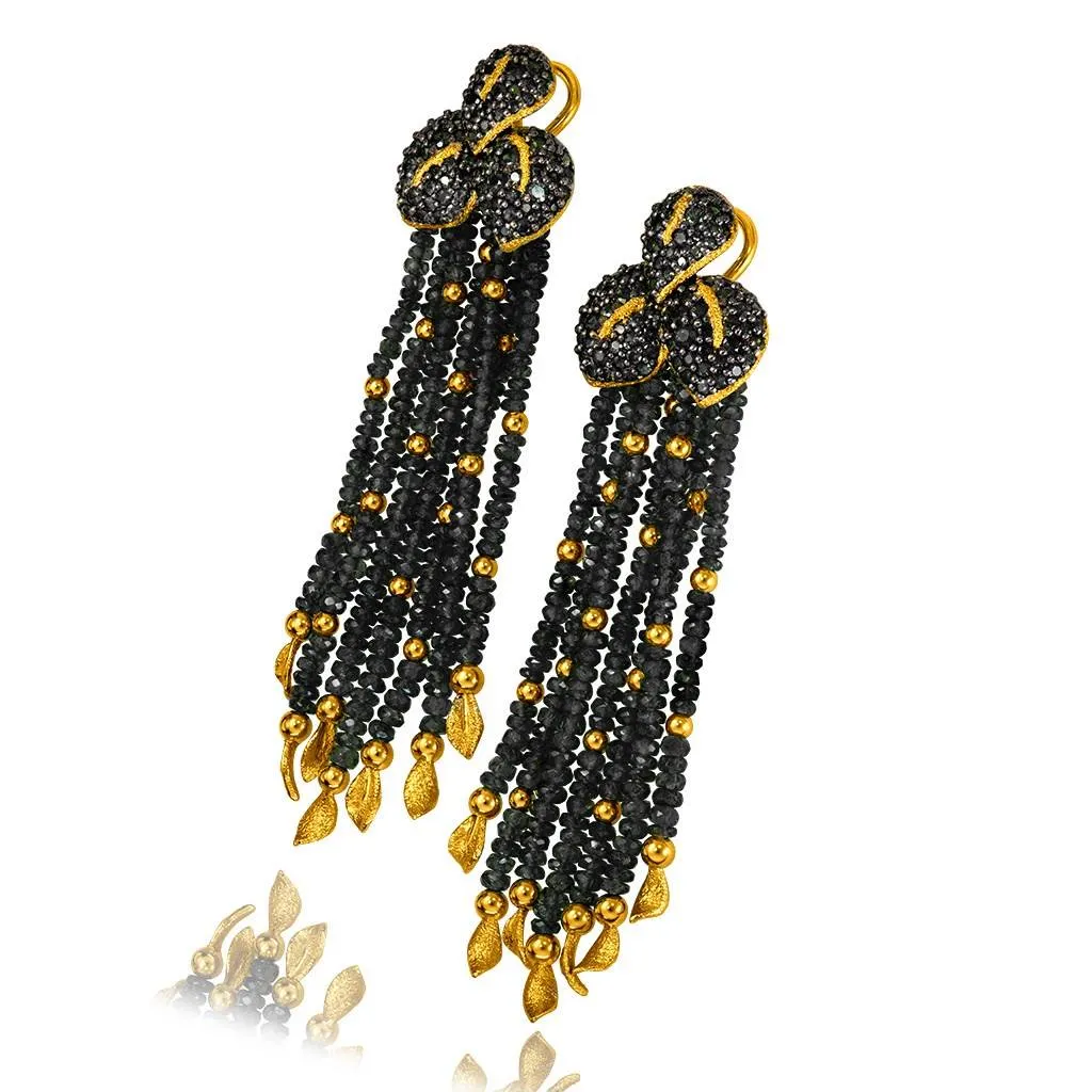 Gold Sunflower Leaf Tassel Earrings With Black Spinel