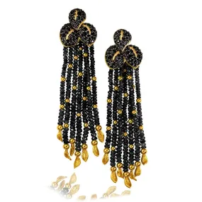 Gold Sunflower Leaf Tassel Earrings With Black Spinel