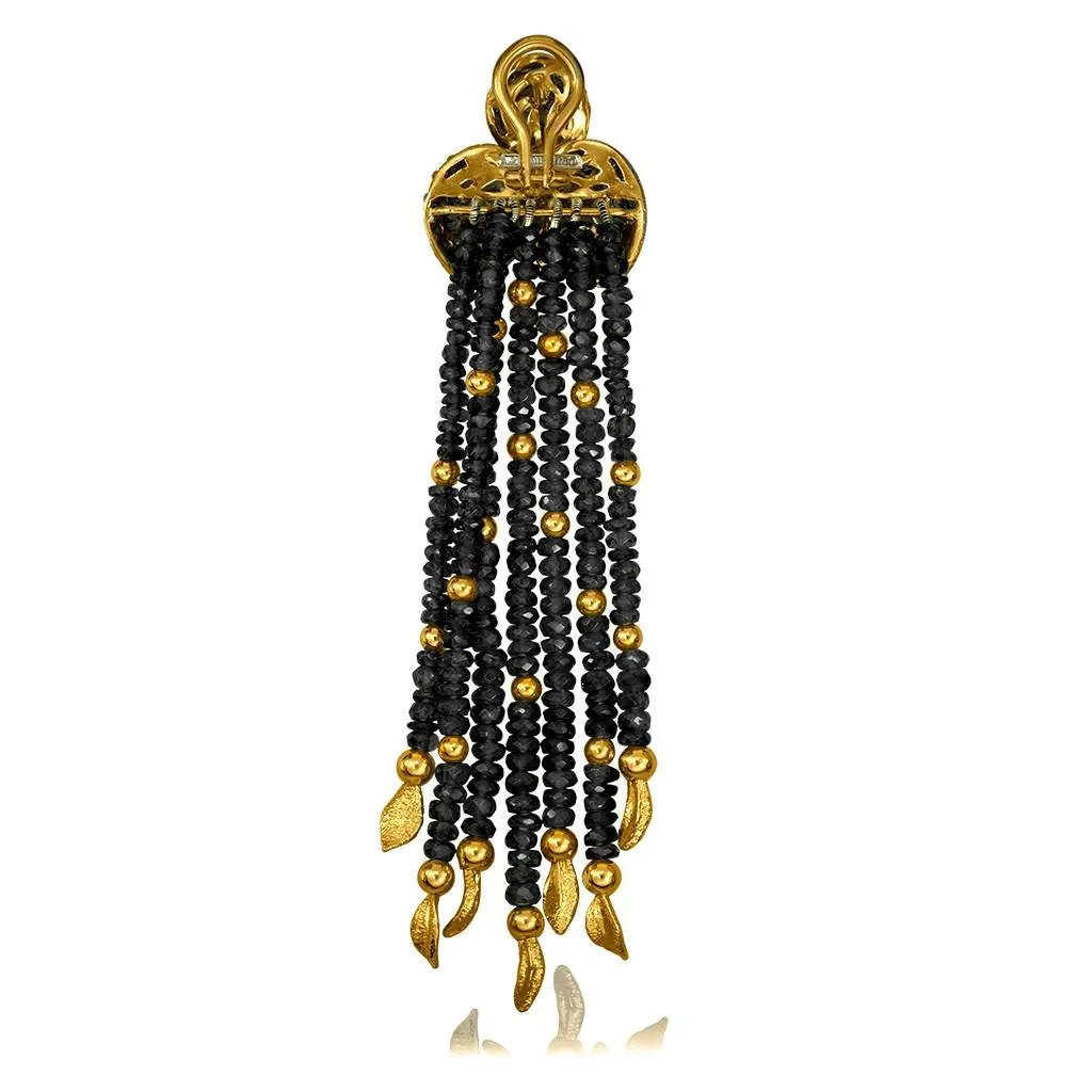 Gold Sunflower Leaf Tassel Earrings With Black Spinel