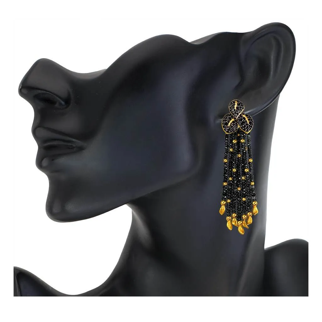 Gold Sunflower Leaf Tassel Earrings With Black Spinel