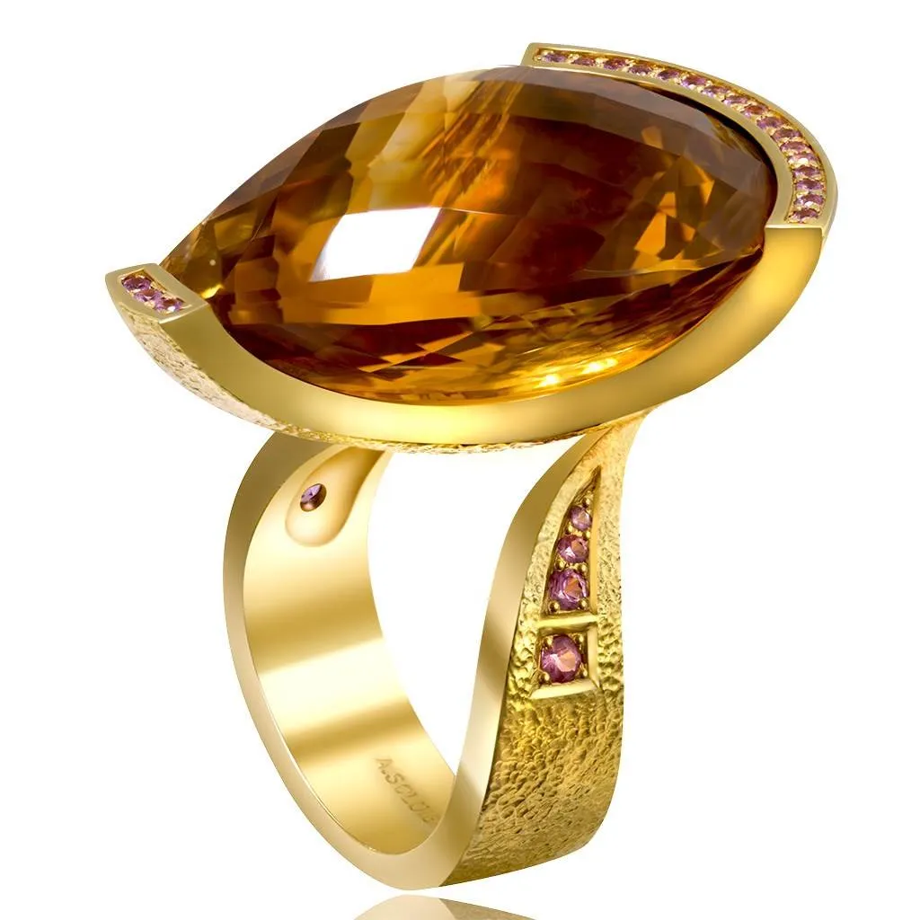 Gold Swan Ring with Honey Citrine & Pink Sapphires