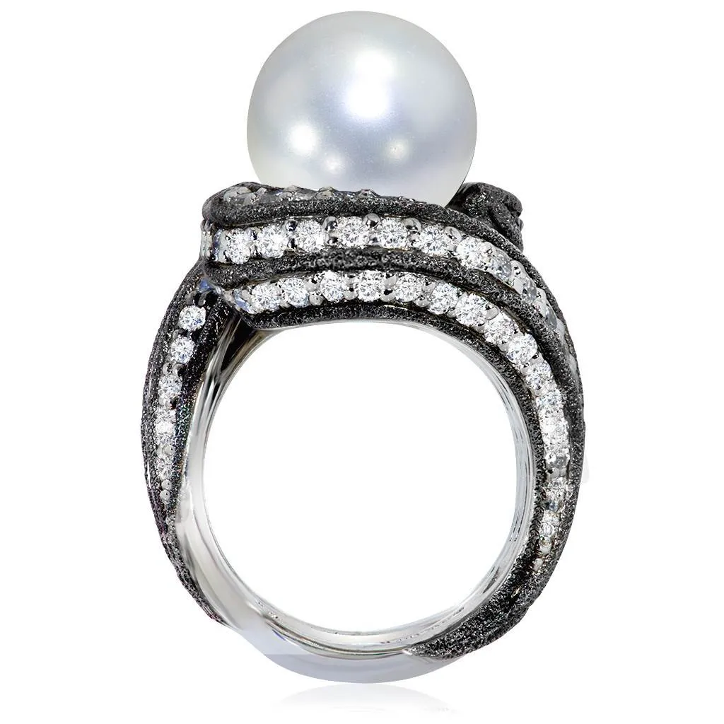 Gold Twist Ring With Pearl & White Diamonds