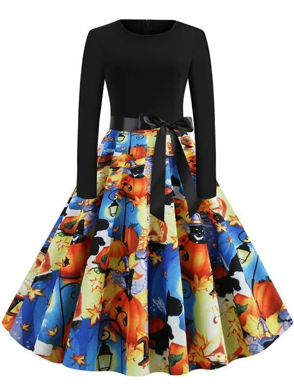 Halloween Hanging Neck Casual Print Dress