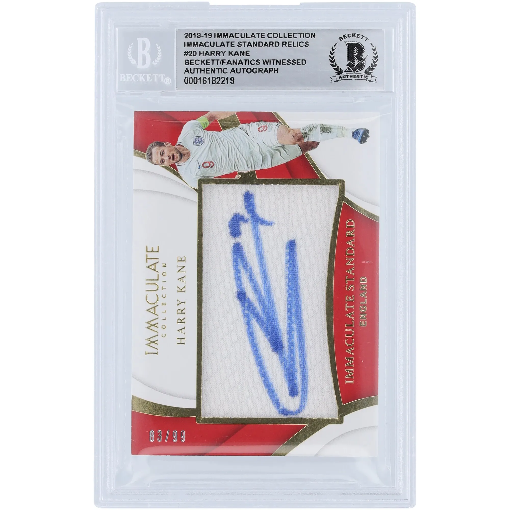 Harry Kane England National Team Autographed 2018-19 Panini Immaculate Collection Relic #IS-HK #83/99 Beckett Fanatics Witnessed