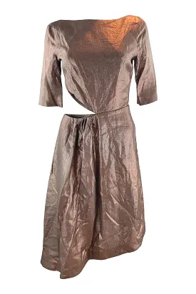 ISA ARFEN Bronze 3/4 Sleeve Cut Out Linen Dress (UK 10)