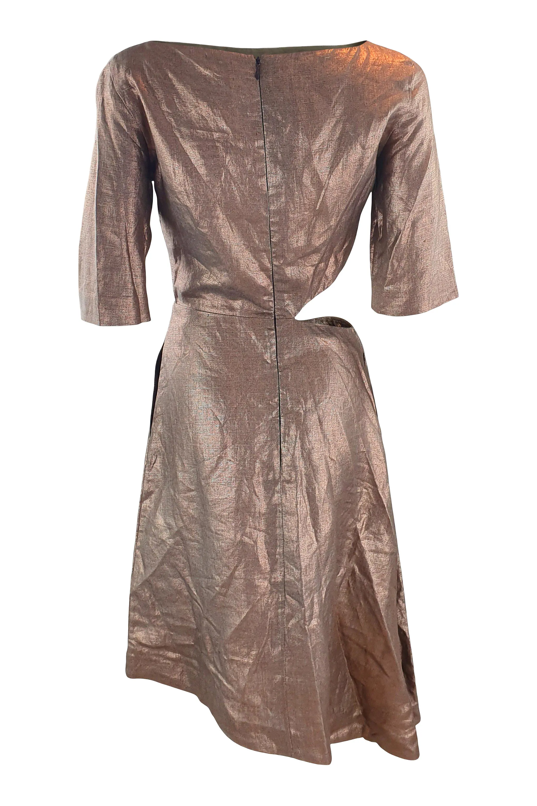 ISA ARFEN Bronze 3/4 Sleeve Cut Out Linen Dress (UK 10)