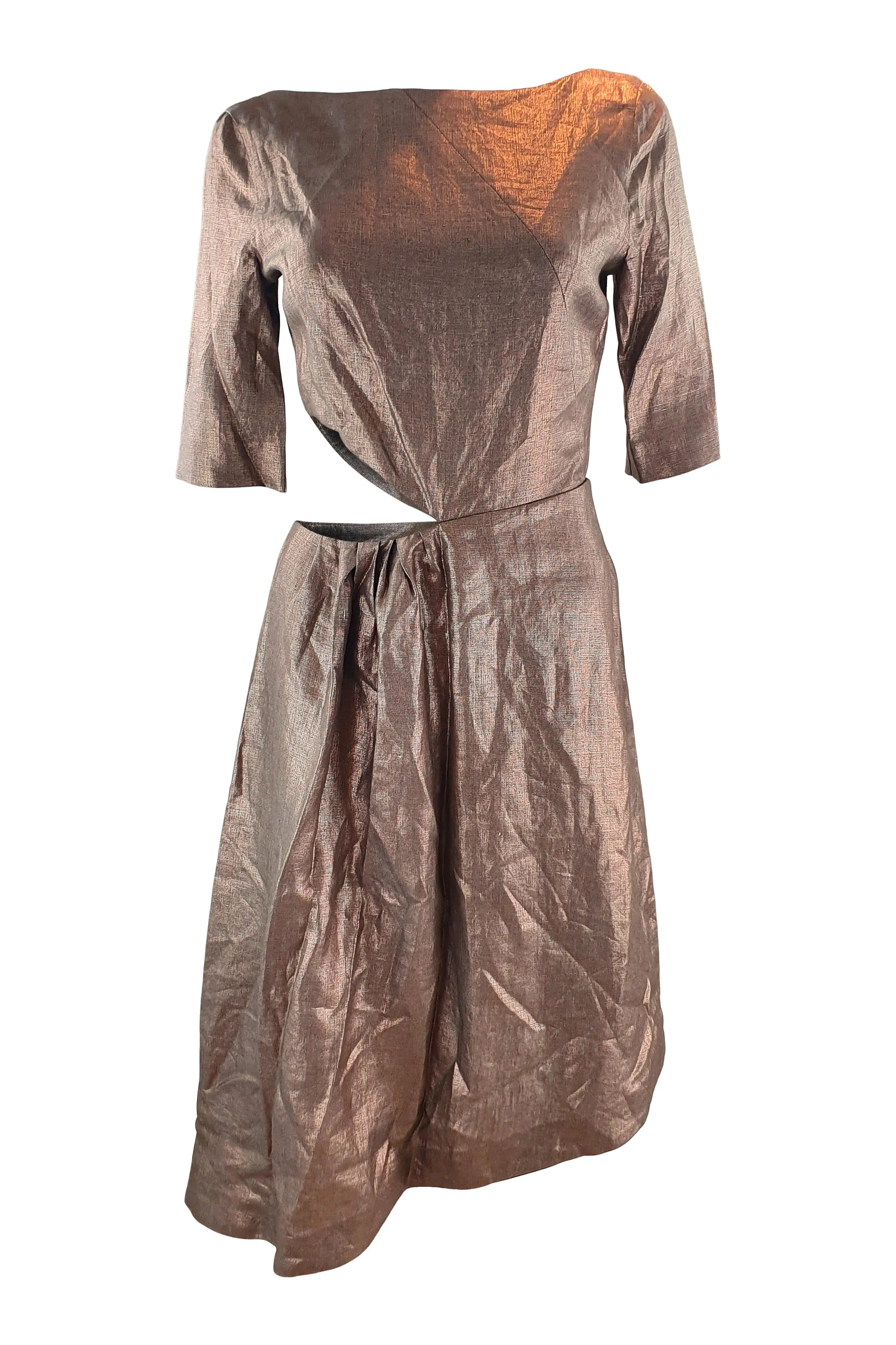 ISA ARFEN Bronze 3/4 Sleeve Cut Out Linen Dress (UK 8)