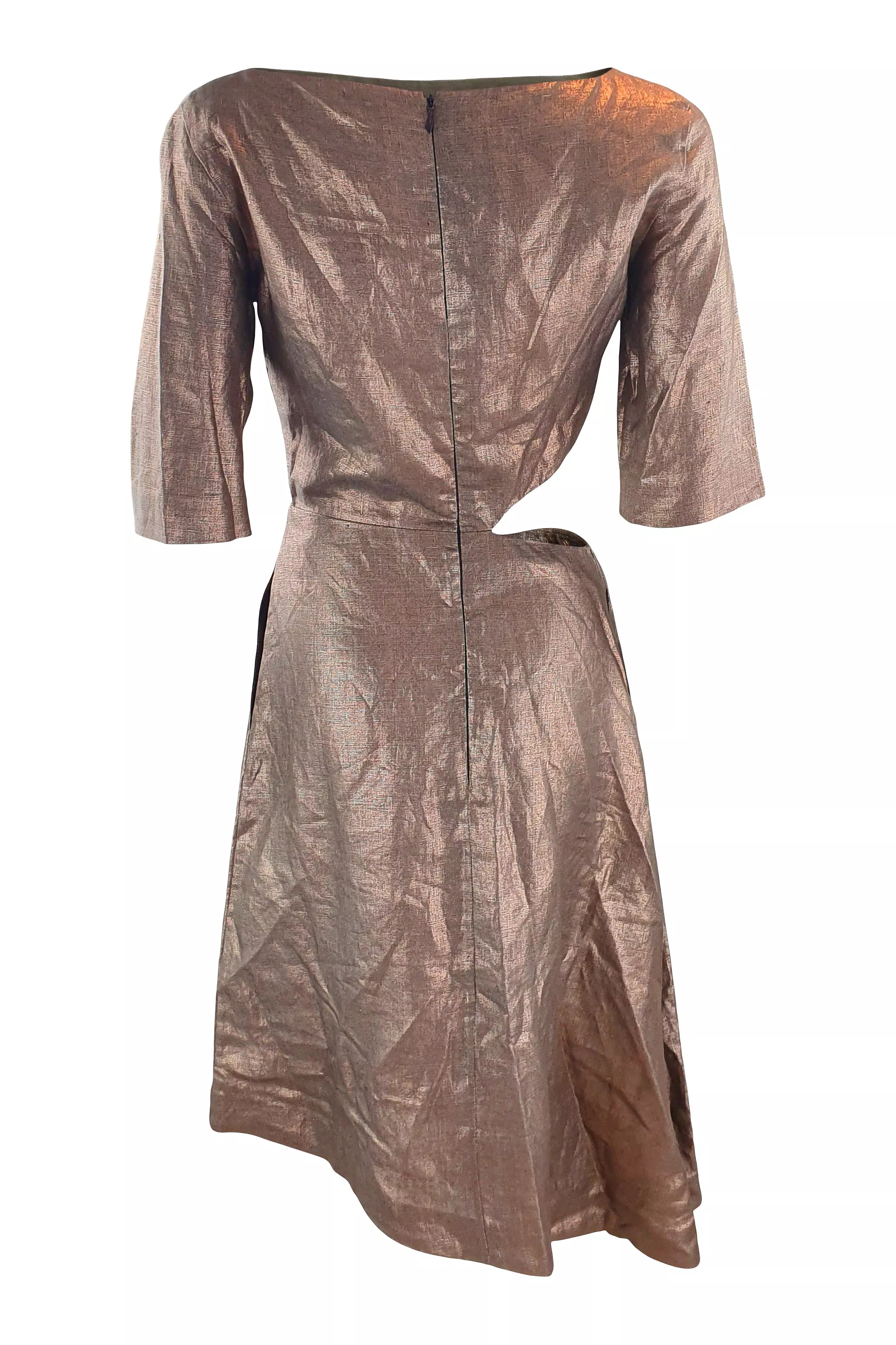 ISA ARFEN Bronze 3/4 Sleeve Cut Out Linen Dress (UK 8)